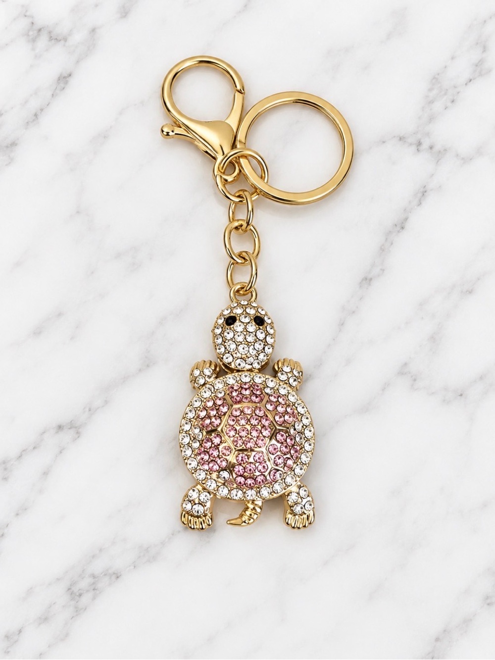 Bag Charm/Keyring-Pink and White Rhinestoned Turtle Charm-Gold Hardware